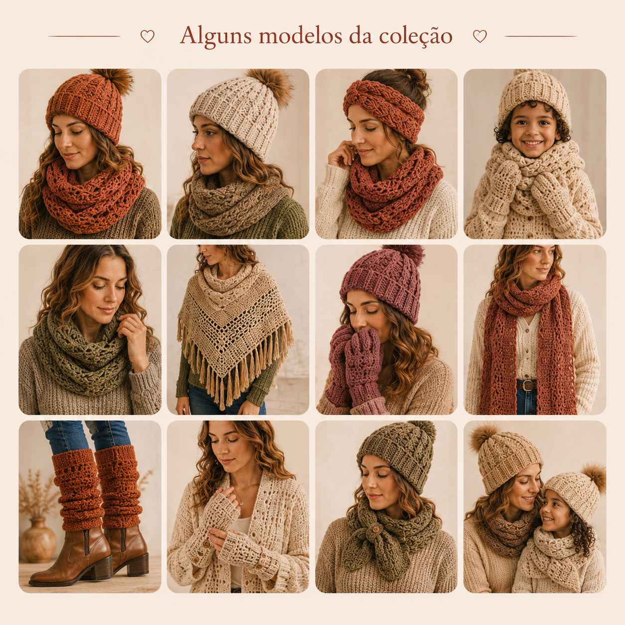 Mosaico com 20 a 30 modelos de toucas, cachecóis, golas, luvas, xales, polainas, faixas de cabelo e acessórios de crochê para frio